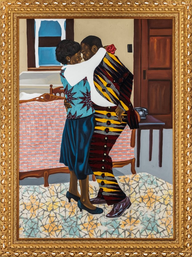 Cornelius Annor, Artists and Their Artworks, Nkrumah Pencil, 2026, acrylic, fabric, and African wax print fabric on canvas, 150x106 cm