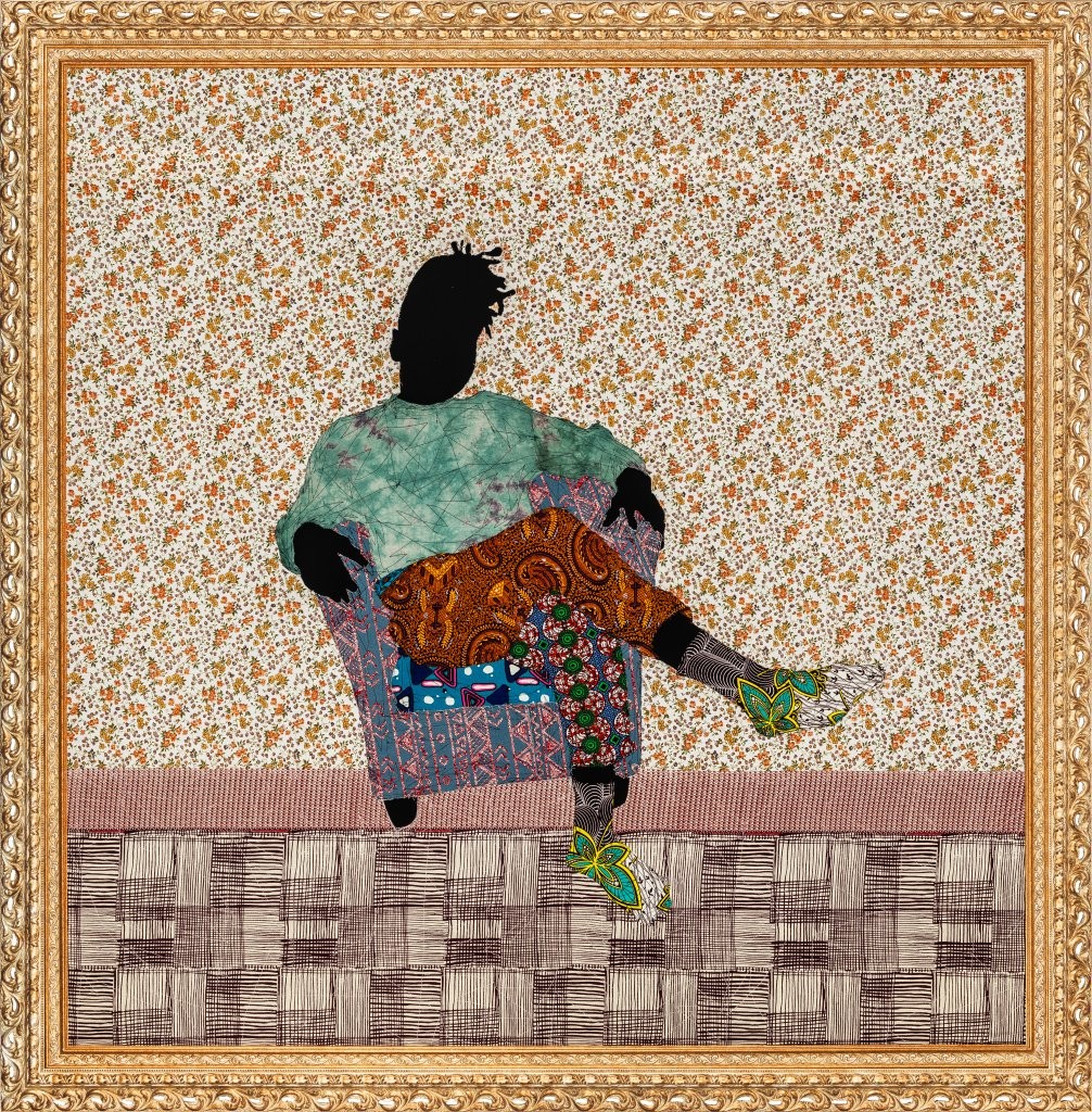 Raphael Adjetey Adjei Mayne, One Corner, 2026, akryl, tkanina i afrykańska tkanina barwiona drukiem woskowym na płótnie,190 x 187 cm